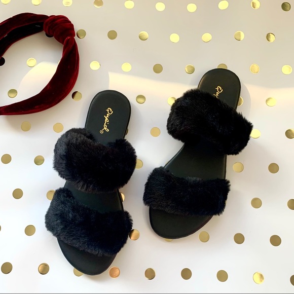 Black fuzzy fur slides slippers double band - Picture 11 of 11